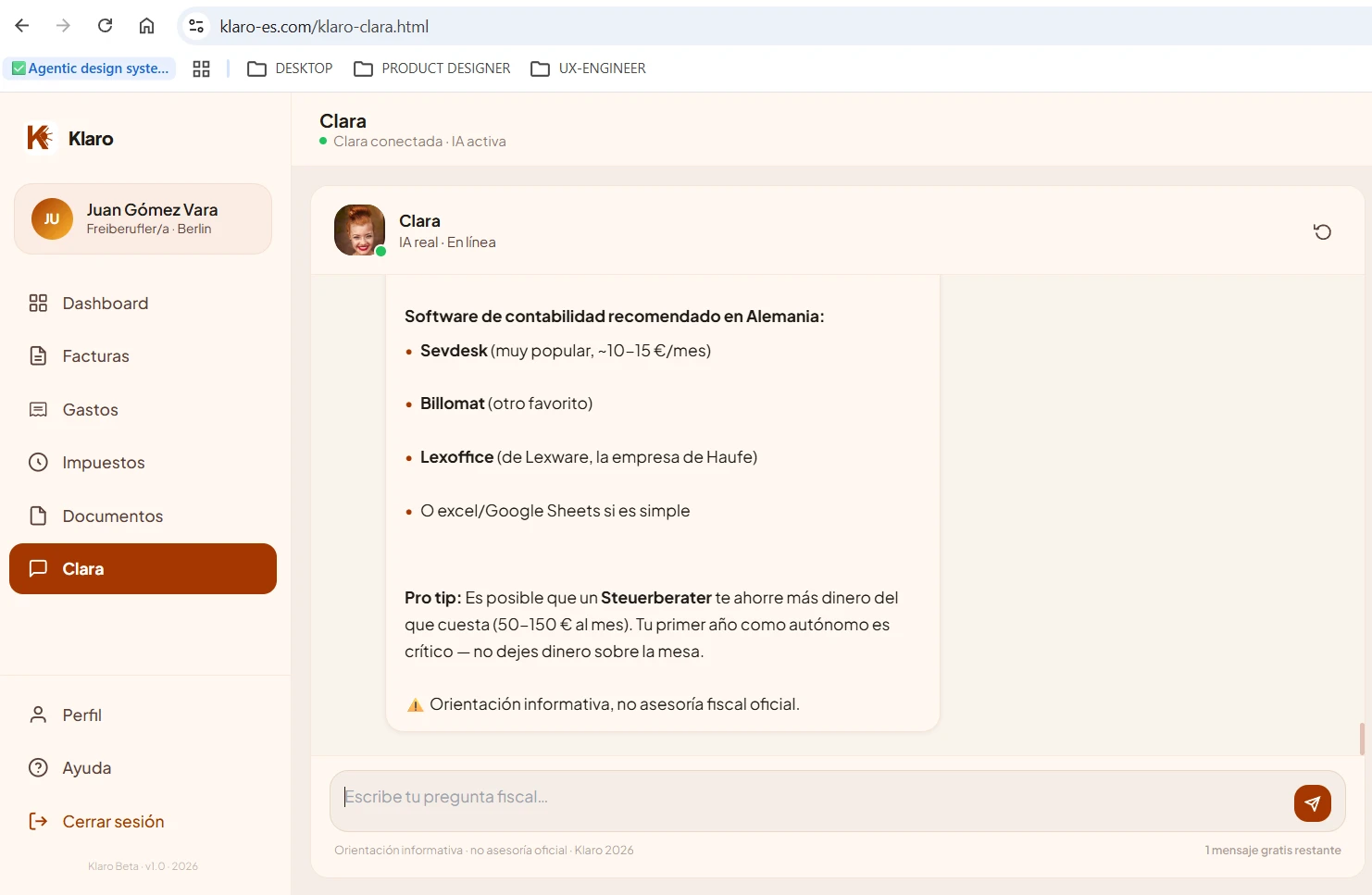 Klaro — AI fiscal advisor dashboard for Spanish-speaking freelancers in Germany