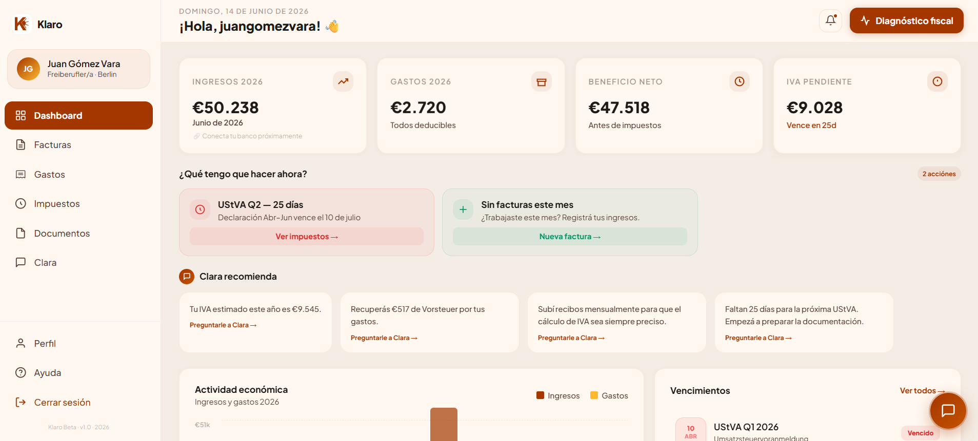 Klaro dashboard screen
