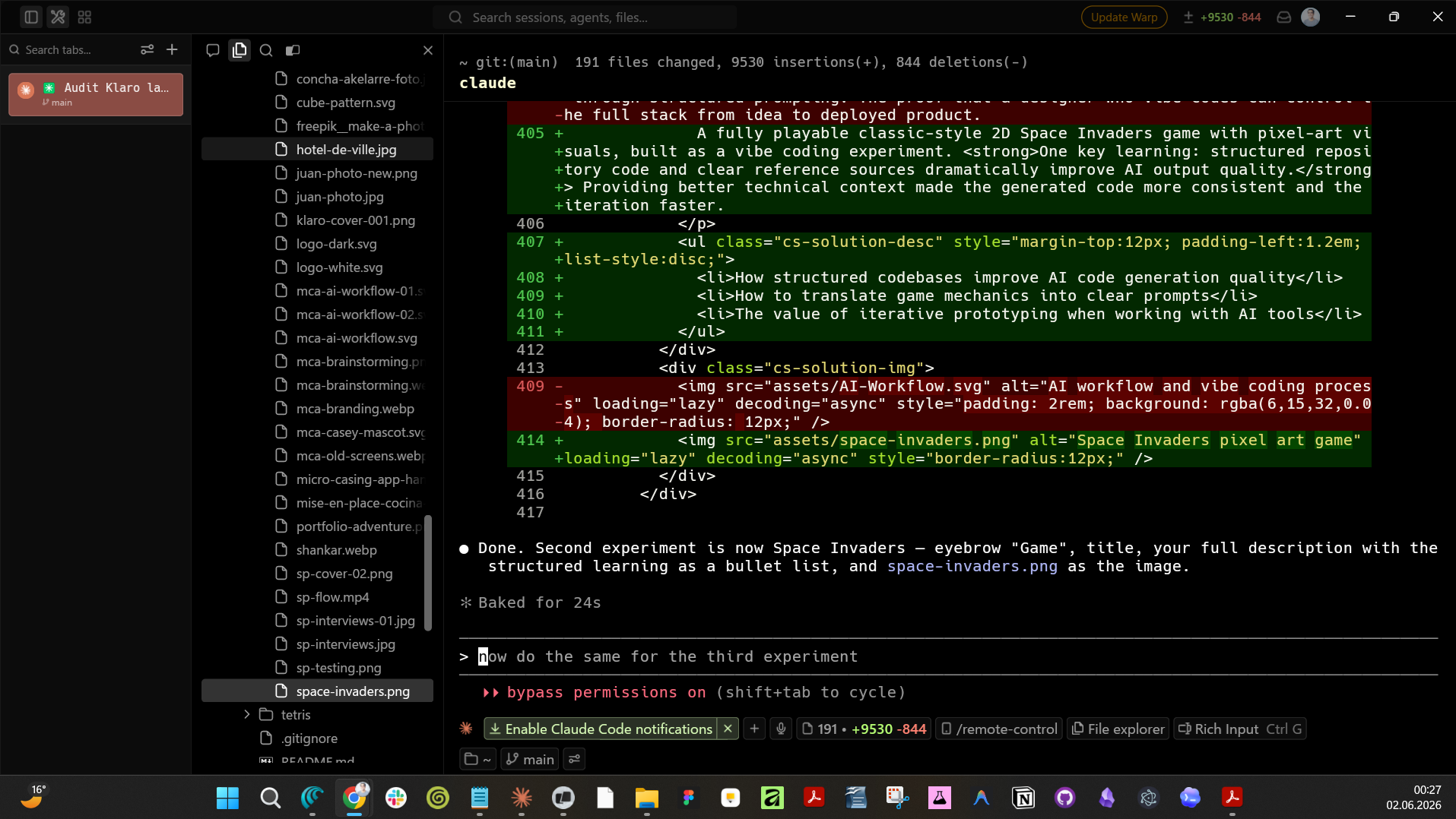 Warp terminal — vibe coding session